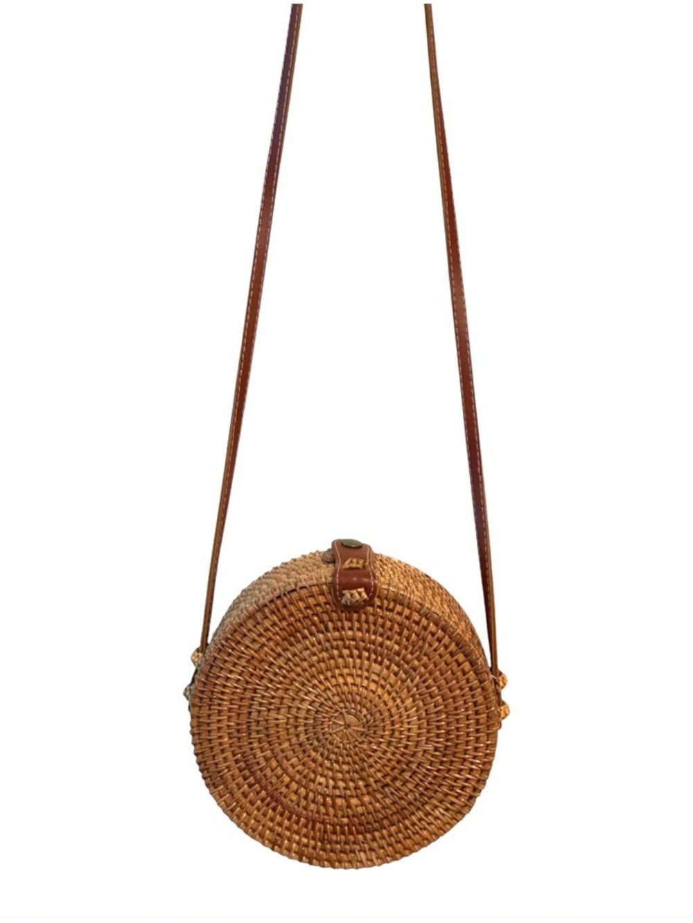 Round Woven Rattan Crossbody Bag Purse Slim Leather Shoulder Strap Fabric Lined